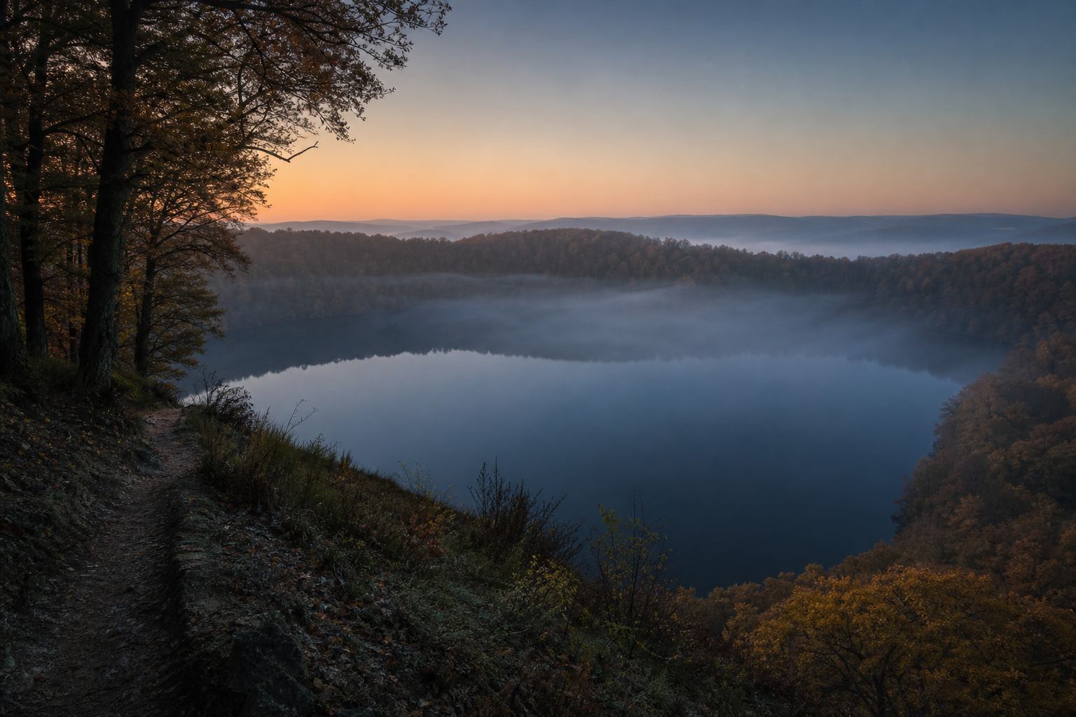 Morgennebel über einem Maarseee in der Vulkaneifel mit dunklem Waldrand